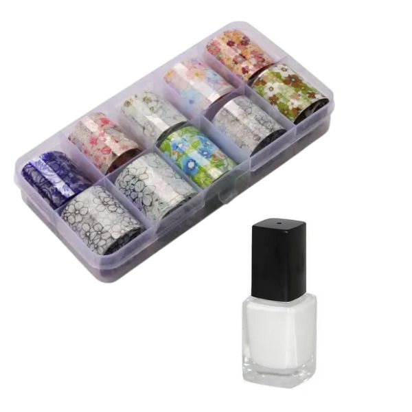 Sada ozdobných fólií na nehty - 10ks + lepidlo