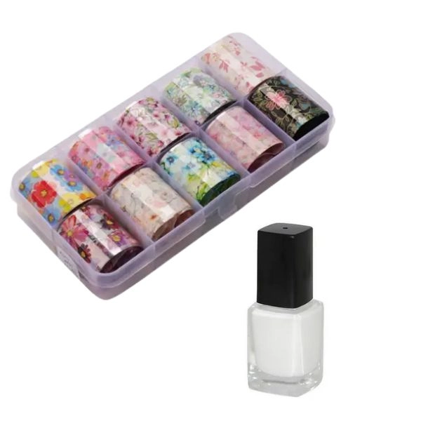 Sada ozdobných fólií na nehty - 10ks + lepidlo